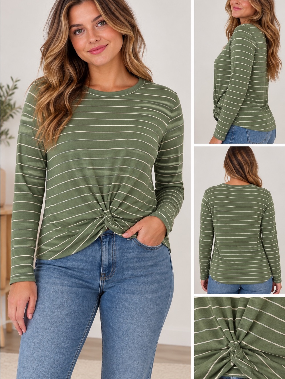 Women’s Olive Green White Striped Long Sleeve Twist Front Top Casual Shirt